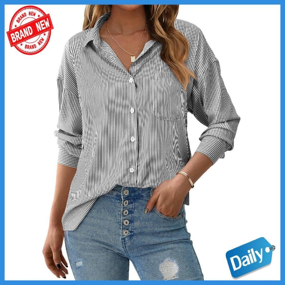 Striped Long Sleeve Button Down Shirt Women's Casual Office Blouse
